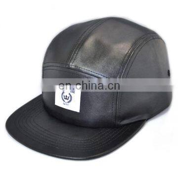 custom woven label flat brim 5 panel leather cap hat