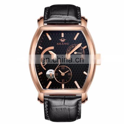 AILANG 5810 Tonneau High Quality Watches Date Day Automatic Mechanical Wristwatch Leather Watch For Male