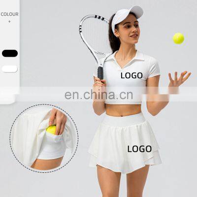 Custom Logo Short Sleeve Top Match Golf Tennis Mini Skirt 2 Piece Tracksuit Women Sports Fitness Yoga Suit Set