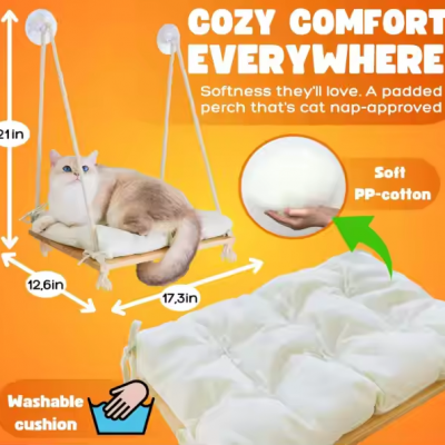 Solid Wood Seat & Strong Suction Cups Cat Window Bed & Furniture for Cat Hammock Inside Hanging Window Shelf Cat Window Peach photo-4