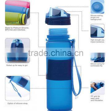 650ml/22oz 500ml/16oz 350ml/12oz 3 Different Lid Platinum Silicone With PP Grab BPA Free Foldable Water Bottle Quality Choice photo-4