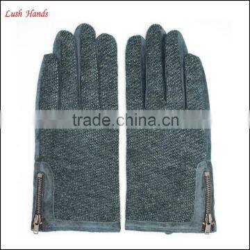 Fashion Ladies Back Dark Green Fabric and Palm Sheep Suede Gloves With Side Zipper photo-4
