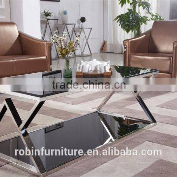 Living Room RB-1506 Modern Black Stoving Varnish Rectangular Tempered Glass Coffee Table With Stainless Steel Tea Table photo-5