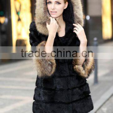 2016 popular medium -long style rabbit fur coat with real raccoon fur collar