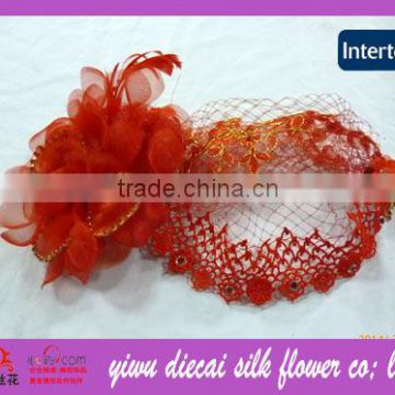 Red color mesh fabric flower decorated bridal hair accessory