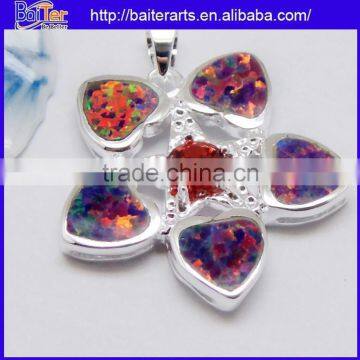 Outer Flower Black Fire Opal And Garnet Gemstone Inner Pentagram Silver Pentacle Pendant