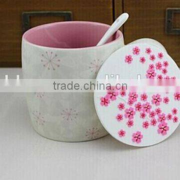 creative simple barrel shape of white120 oz carved sakura gift ceramic coffeee mug with lid