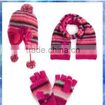 fleece lined stripe girls knitted set hat scarf and gloves with felt flower