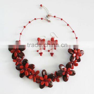 Dark Red Corundum with Garnet Stones Flower Necklace set Handmade