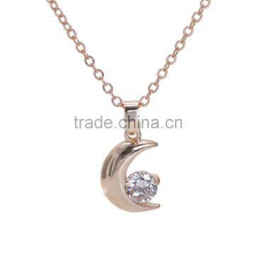 Gold Plated Crescent Moon Star Rhinestone Charm Necklace Fashion Design Jewelry Accessories