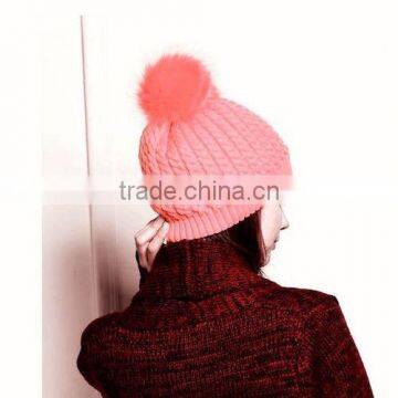 High Quality Winter Knit Wool Beanie with Fox Fur Pom poms For Lovely Gilrs