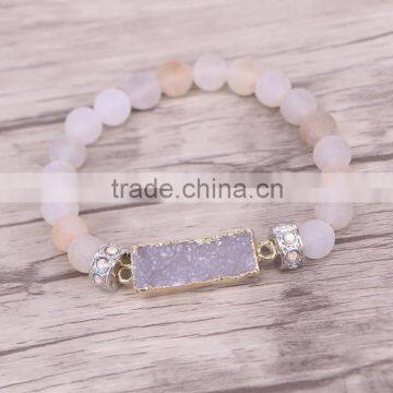 Gold Plated Natural Rectangle Agate Druzy Gemstone Bracelet, with 8mm Frosted Agate Beaded Bracelets Jewelry