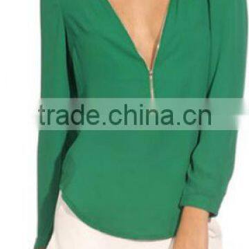 2016 New Fashion Women Autumn Sexy Long Sleeve Zipper Chiffon Blouse