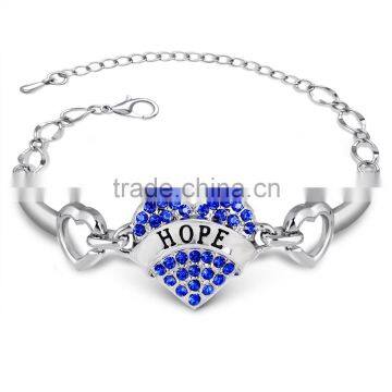 Blue rhinstone heart hope charm bracelet diy custom logo hope charm bracelet free sample hope charm bracelet design