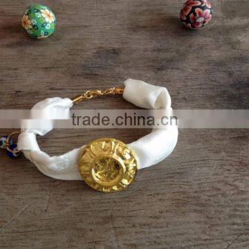 fabric cloth Bracelet with gold charm, silk cloth Bracelet with evil eye bead charm new design fabric bracelet