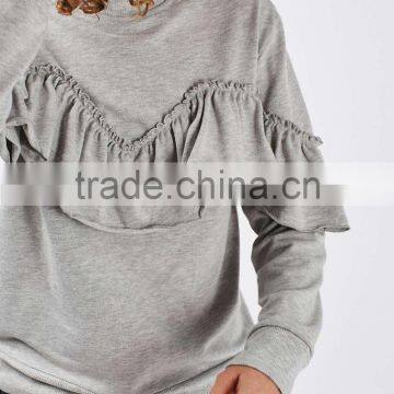 Wholesale China Cotton Polyester Blend Grey Heather Women Long Sleeve Jersey Ruffle Shoulder Sweatshirt photo-4