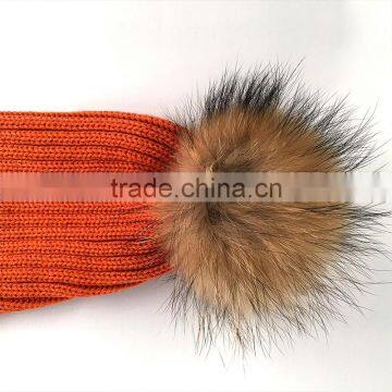 Myfur Fashion Colorful Orange Stylish Real Raccoon Fur Pompom Knitting Scarf photo-3