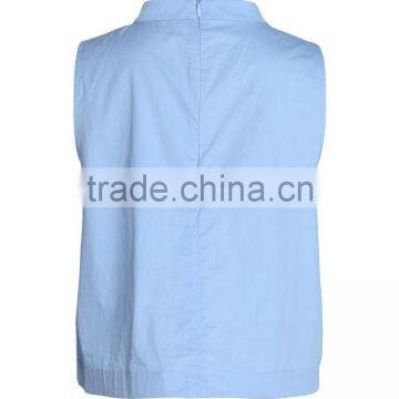 Ladies Office Sleeveless Cotton Blue O-neck Blouse/shirt Tops With Back Zipper-up photo-3