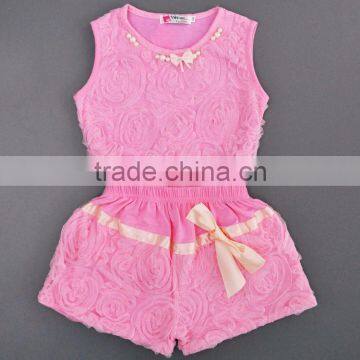 Hot Sale Flower Lace Pearl Korean Summer Children Clothing Set