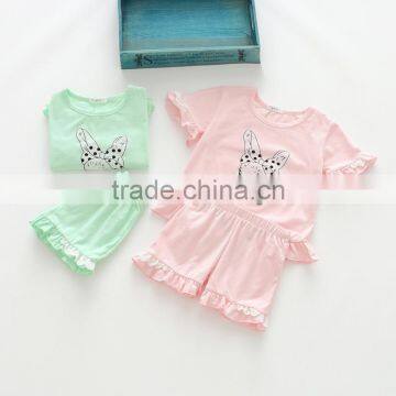 Wholesale cartoon printing ruffle summer cotton kids girl two pieces set