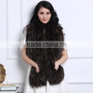 YR635 Genuine quality knit raccoon fur scarf shawl with pockets