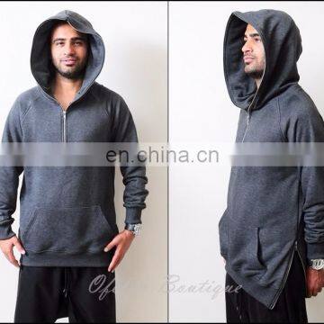 2017 kanye KW Long Sleeve Side Zip Half-Zip Essential Extended Combed Cotton Hoodie