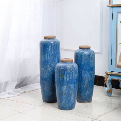 Blue Bubble Glaze European Style Ceramic Vase Three Suit For Hallway Decor