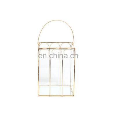 K&B luxury gold glass candle lanterns glass metal gold elegant candle lantern with handle