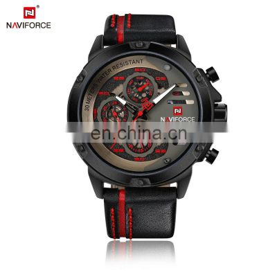 Naviforce Watch 9110 Leather Strap Coffee Color Men Quartz Wristwatch Fashion 3 ATM Waterproof Analog Watches Men