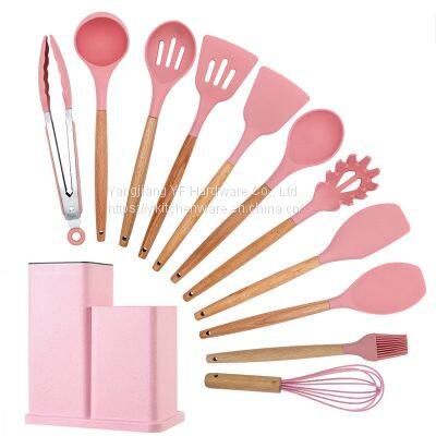 Custom 19-piece set of silicone kitchen utensil set with wooden handle and cuttings board storage bucket kitchen gadget set