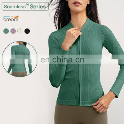 Seamless Ribbed Knit Zip Up Sleeve Sports Jackets Hot Sales Fitted Gym Fitness Women Yoga Tops