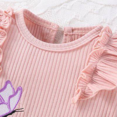 Baby's Butterfly Embroidery Ruffled Long Sleeve Ribbed Footed Romper, Toddler & Infant Girl's Bodysuit photo-3