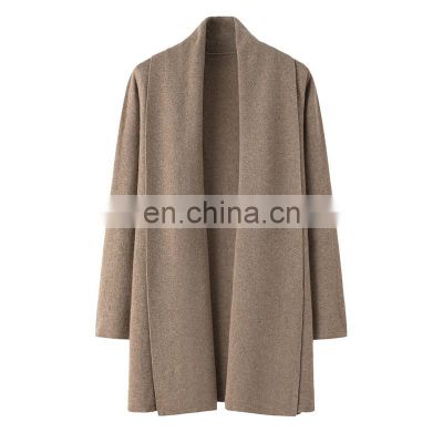 High Quality 100% Cashmere Knitted Cardigan with Autumn Winter Scarf Collar Solid Style Casual Front Logo Long Length