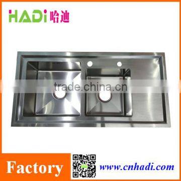Professional Factory 1.2mm SUS 304 Stainless Steel Double Bowl Handmade Kitchen Sinks With Drainboard HD-HM10048 photo-2