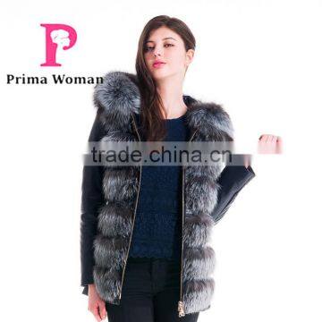 Winter Women Plus Size Embroidered Slim Fit Coat With Silver Fox Front Flap Hat Overcoat