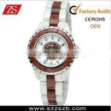 NEW HOURS CLOCK DIAL BEST LADIES FASHION RED WOODEN WITH CERAMIC-WHITE STEEL WRIST WATCH