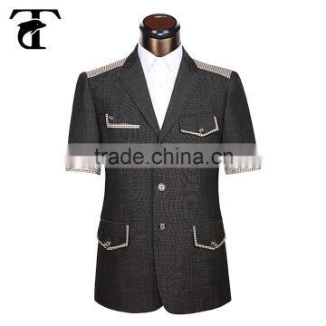 2015 new style hot sale hreeo button single stitch short sleeve mens slim fit blazer