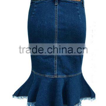 Lastest Design Girls Fashion Women Dark Blue Raw Edges Denim Elastic Jeans Skirts photo-2