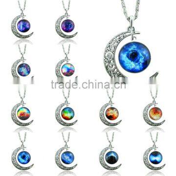 New Stylish Unisex Galaxy Universe Crescent Moon Glass Cabochon Pendant Necklace