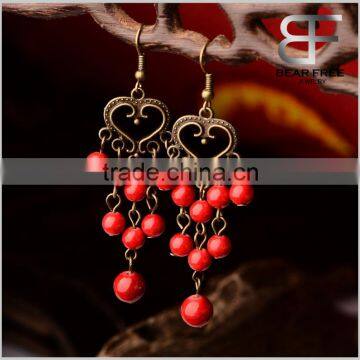 Heart Shaped Alloy Red Stone Beads Chandelier Drop Earrings for Women