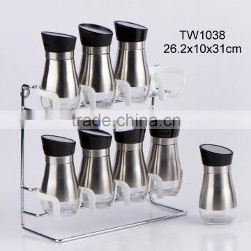 TW1038 8pcs glass spice jar set with stainless steel casing and metal rack