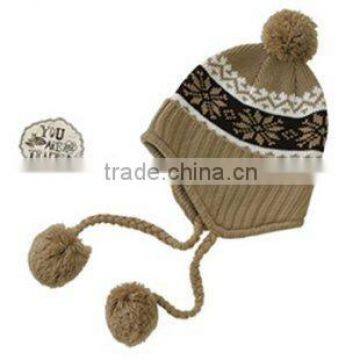 Jacquard chunky knitting earflap hat with pompom