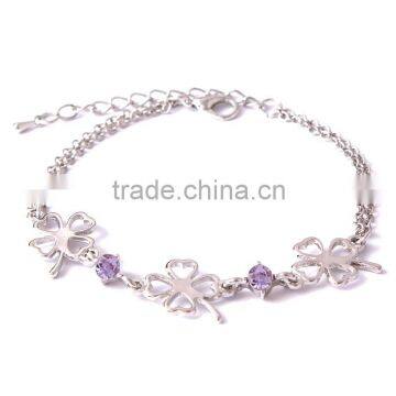 Latest design silver design purple crystal clover bracelet