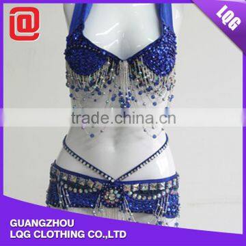 Good quality handmade deep blue beaded tassel sexy belly dance set DS004