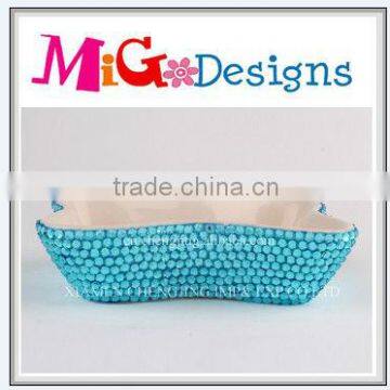 Wholesale And OEM Art Craft Factory Manufacture Blue Rhinestone Ceramic Cat Bowl For Food And Water