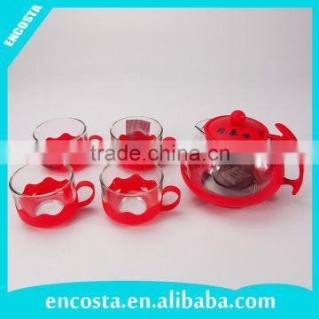 cheap red glass teapot sets with 4 cups and plastic holder