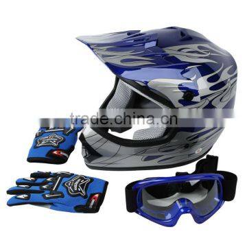 DOT Youth Blue Flame Dirt Bike ATV BMX Motocross Helmet w/ Goggles+gloves S M L