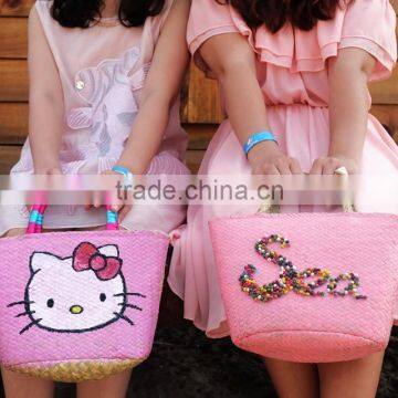 Eco-friendly Short Handle, Pink Baby Straw Woven Beach Bag, Tote Bag Beach photo-1