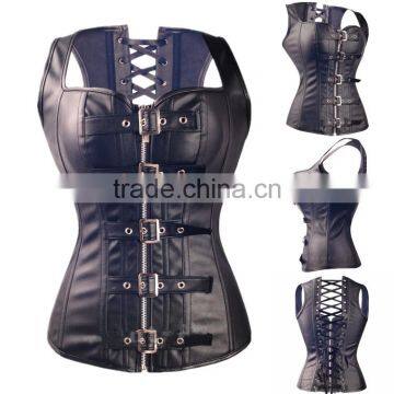 Keepable Spiral Steel Boned PU Faux Leather Steampunk Waist Training Corset For Women