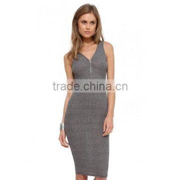 Ladies fashion sleeveless gray V neck zipper slim fitted cotton stretch smart mid casual dress